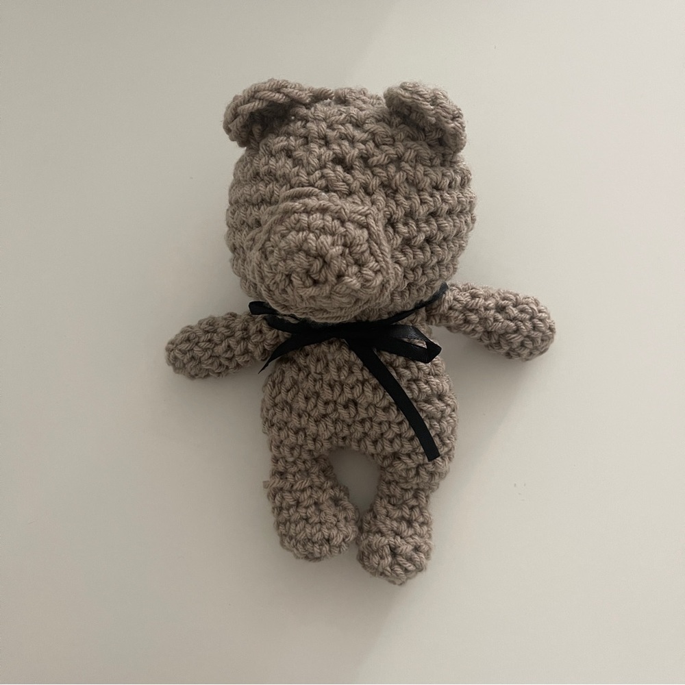 Crochet Handmade Teddy Bear with Black Ribbon Bow Plush Stuffed Animal for All